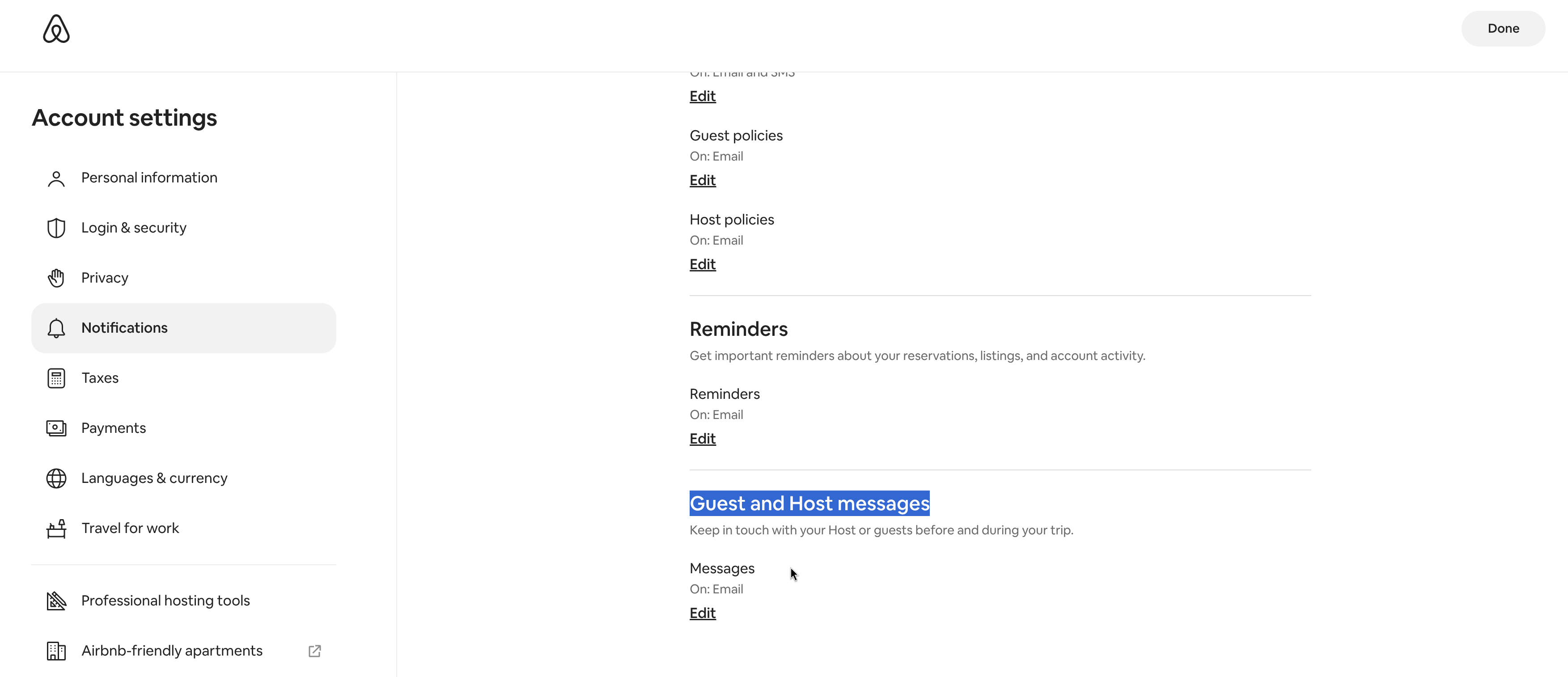 Airbnb Notification Settings showing Guest and Host messages configuration