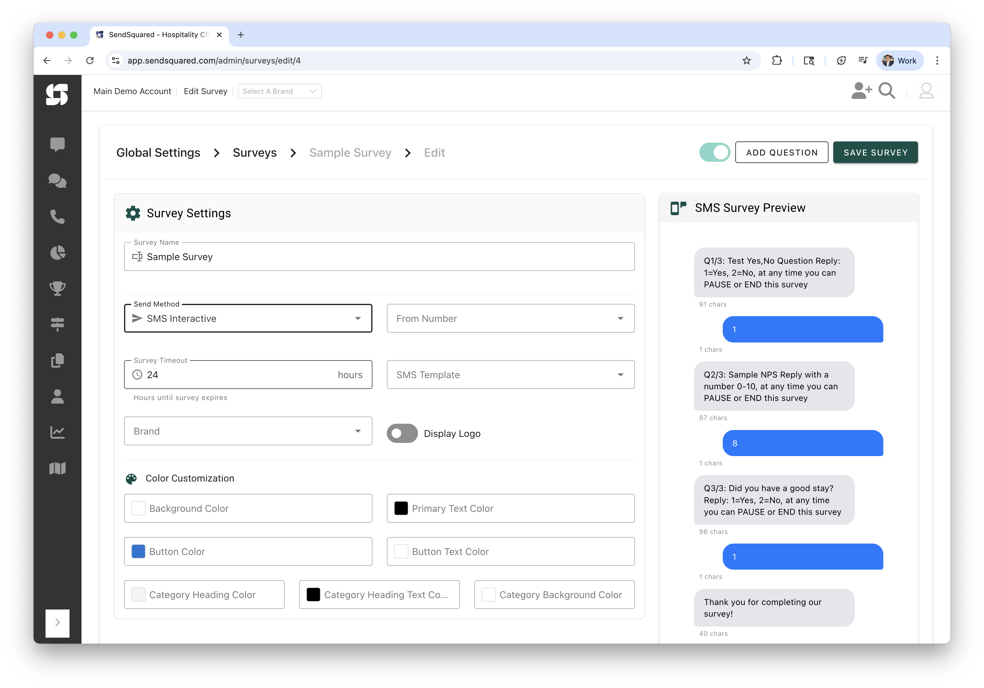 Survey Settings with SMS Interactive Preview